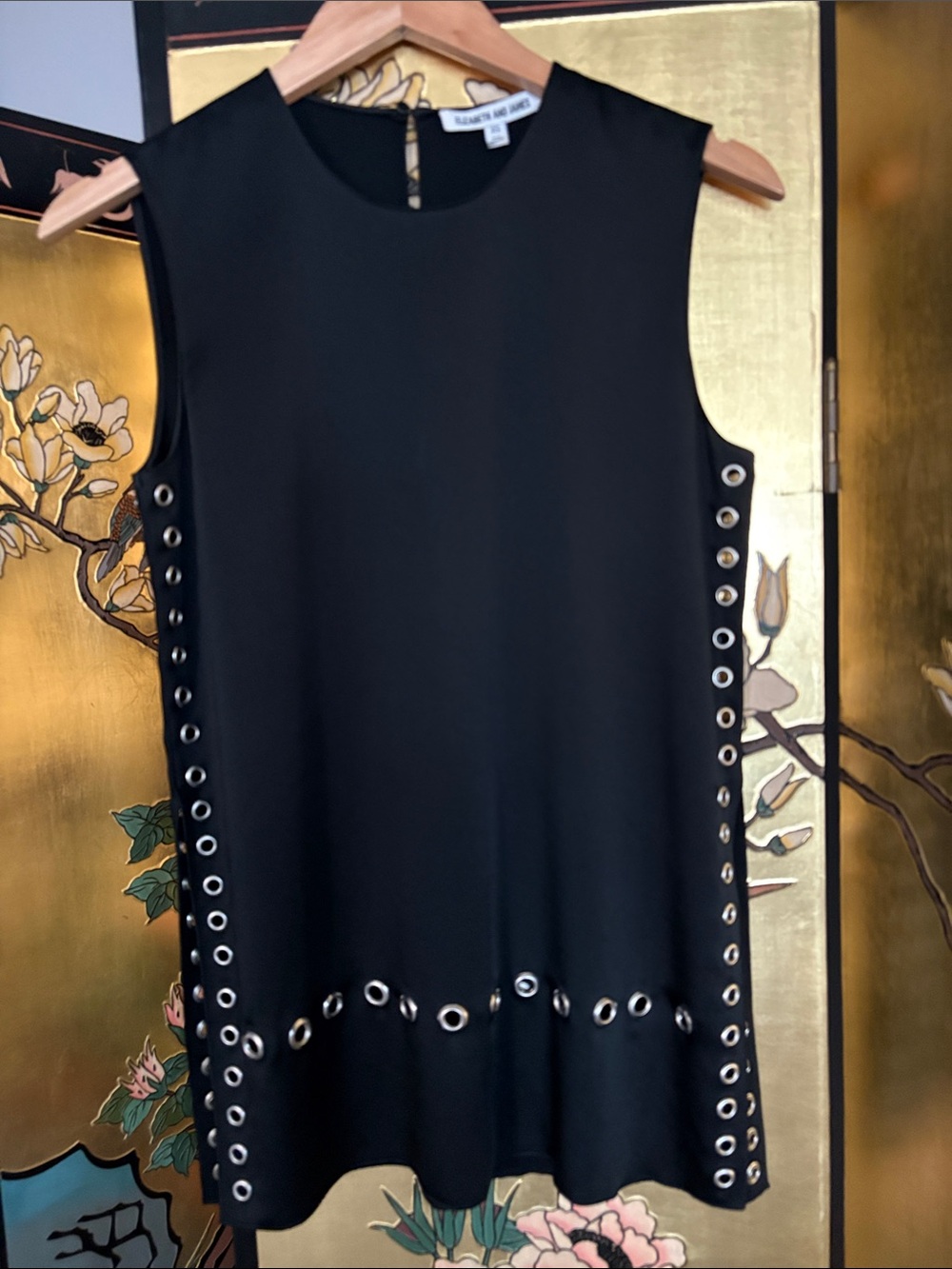 Elizabeth and James Black Sleeveless Top with Silver Eyelet Trim